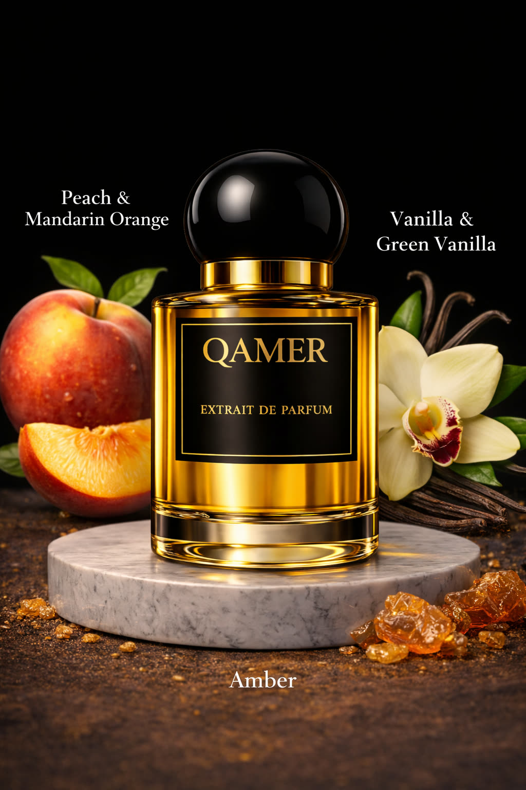 Flakon neben Pfirsich, Vanille und Amber
